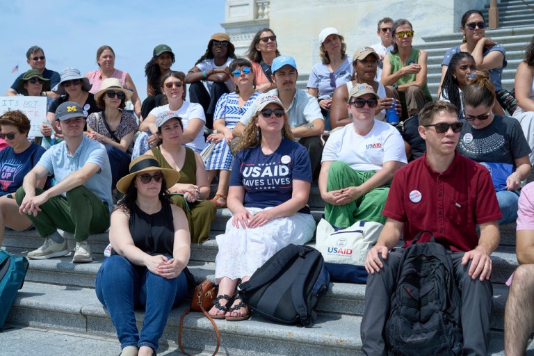 Former federal workers who lost their jobs during President Donald Trump's DOGE layoffs, gather on the steps of the Capitol in Washington, D.C., Tuesday, June 10, 2025.
