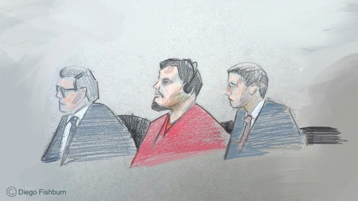 This courtroom sketch depicts, from left, attorney Sean Hecker, Kilmar Abrego Garcia, and attorney Rascoe Dean in court during Garcia's detention hearing on Wednesday, June 25, 2025, in Nashville, Tenn. (AP Photo/Diego Fishburn)