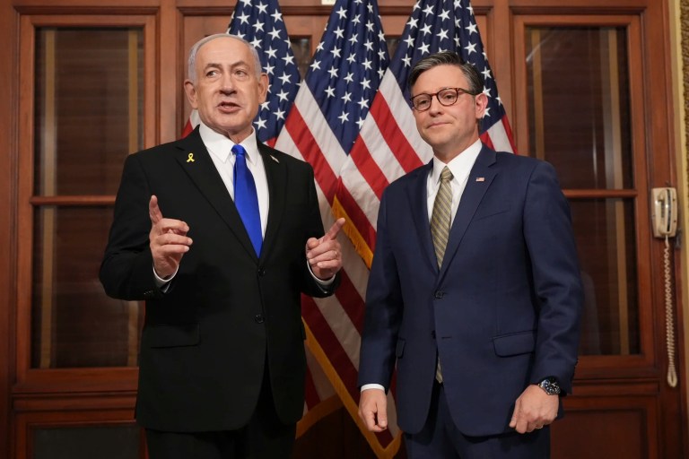 Israeli Prime Minister Benjamin Netanyahu meets with Speaker of the House Mike Johnson (R-LA) at the Capitol in Washington, Tuesday, July 8, 2025.
