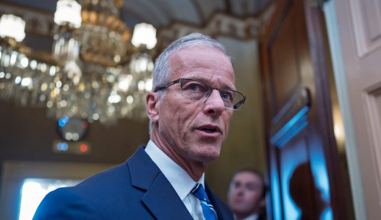 Senate Majority Leader John Thune, R-S.D., speaks to reporters outside his office at the Capitol in Washington, Tuesday, July 8, 2025.