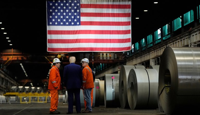 FILE - President Donald Trump talks to workers as he tours U.S. Steel Corporation's Mon Valley Works-Irvin plant, Friday, May 30, 2025, in West Mifflin, Pa. (AP Photo/Julia Demaree Nikhinson, File)