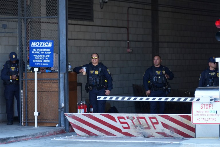 Department of Homeland Security agents guard the entrance to the federal building adjacent to the Metropolitan Detention Center as protesters stand by in Los Angeles, Tuesday, July 15, 2025.