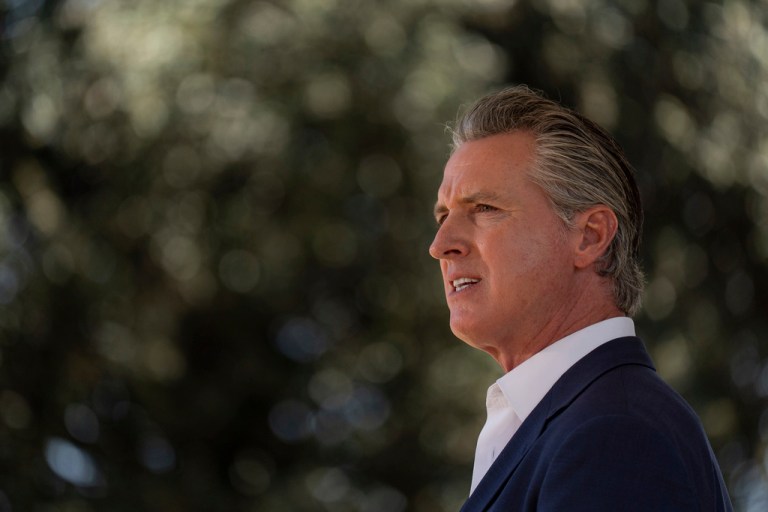 California Gov. Gavin Newsom (D) speaks during a news conference in Downey, California, Wednesday, July 16, 2025.