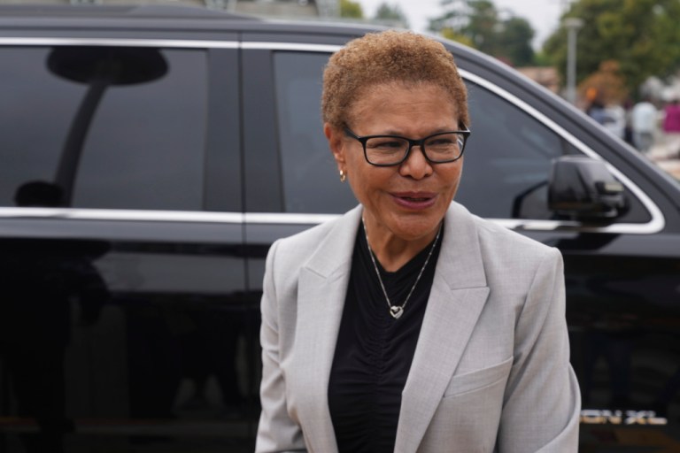 Los Angeles Mayor Karen Bass smiles after she held a news conference regarding the U.S. Marines currently deployed by the Trump administration in Los Angeles, at the Los Angeles Mission College in Sylmar, Calif., Monday, July 21, 2025.