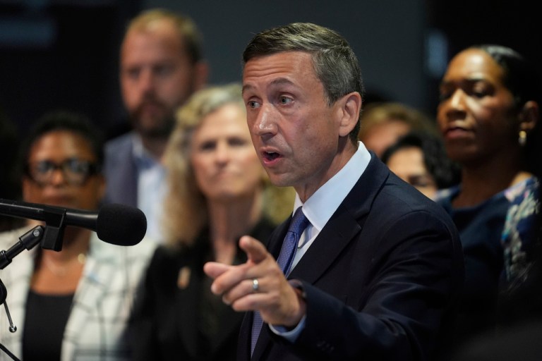 DNC Chairman Ken Martin speaks during a news conference in Aurora, Ill., on Tuesday, Aug 5, 2025.