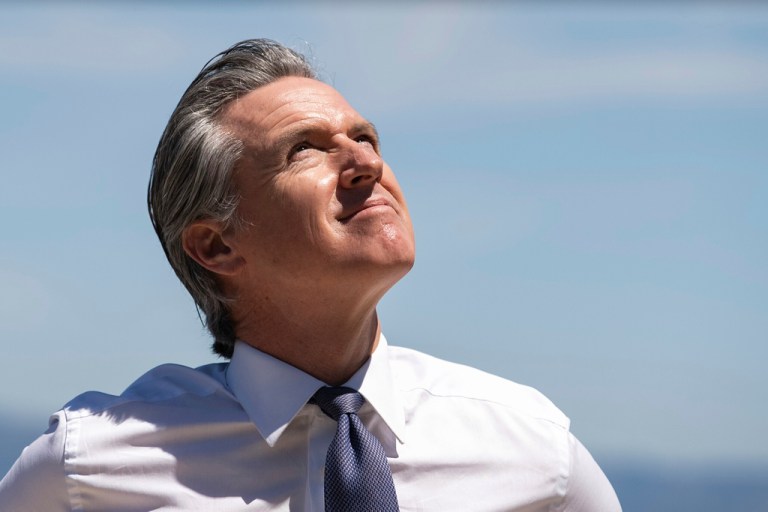 Gov. Gavin Newsom holds a press conference at the Google office in San Francisco on Thursday, Aug. 7, 2025, to announce new AI partnerships.