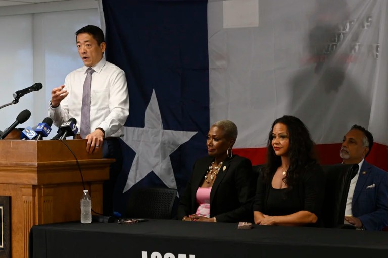 Democratic Texas Rep. and minority leader Gene Wu speaks during a press conference in Elmhurst, Ill., Friday, Aug. 8, 2025. (AP Photo/Paul Beaty)