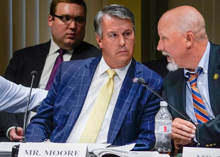 Reps. Barry Moore (R-AL), left, and Chip Roy (R-TX) during a House Judiciary Committee Field Hearing, Monday, April 17, 2023, in New York.
