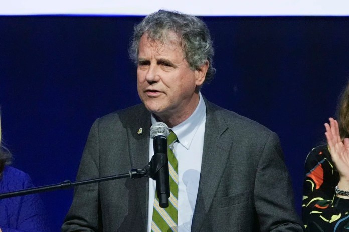 FILE - Sen. Sherrod Brown, D-Ohio, speaks on election night, Nov. 5, 2024, in Columbus, Ohio. (AP Photo/Joshua A. Bickel, File)