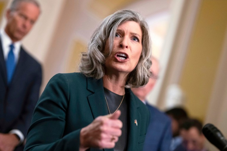 FILE - Sen. Joni Ernst, R-Iowa, speak to reporters after a closed-door meeting with fellow Republicans, at the Capitol in Washington, Sept. 24, 2024. (AP Photo/J. Scott Applewhite, File)