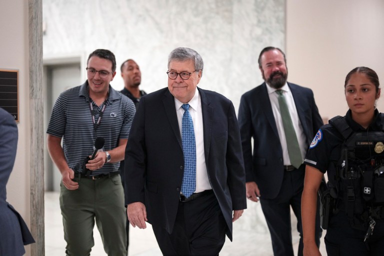 Former U.S. Attorney General Bill Barr arrives for a deposition under subpoena from the House Oversight Committee investigating Jeffrey Epstein, at the Capitol in Washington, Monday, August 18, 2025.