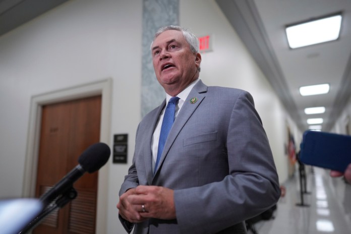 House Oversight Committee Chairman James Comer (R-KY) speaks to reporters as he arrives for a deposition with former Attorney General Bill Barr, at the Capitol in Washington, Monday, August 18, 2025.