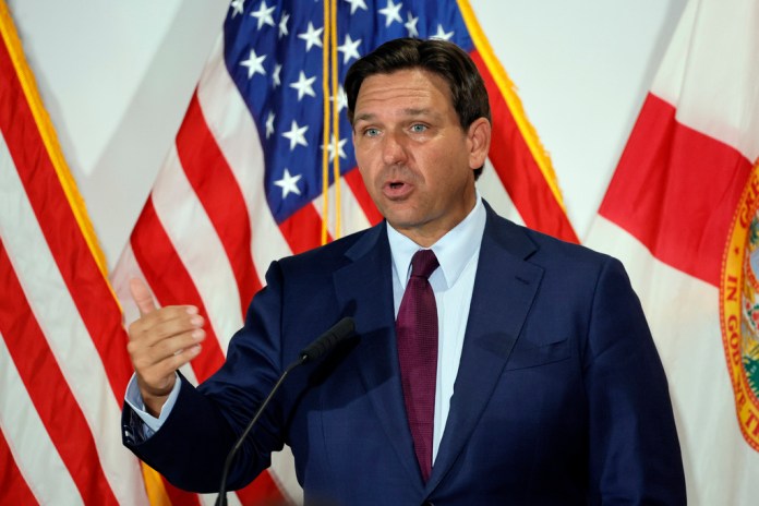 Florida Governor Ron DeSantis speaks during a news conference at Palm Beach State College in Lake Worth, Fla., on Wednesday, Aug. 20, 2025.