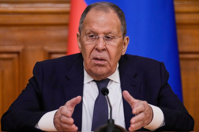 Russian Foreign Minister Sergey Lavrov gestures while speaking during a joint news conference with Indian Foreign Minister Subrahmanyam Jaishankar following their talks on Thursday, Aug. 21, 2025, at Zinaida Morozova's Mansion in Moscow.