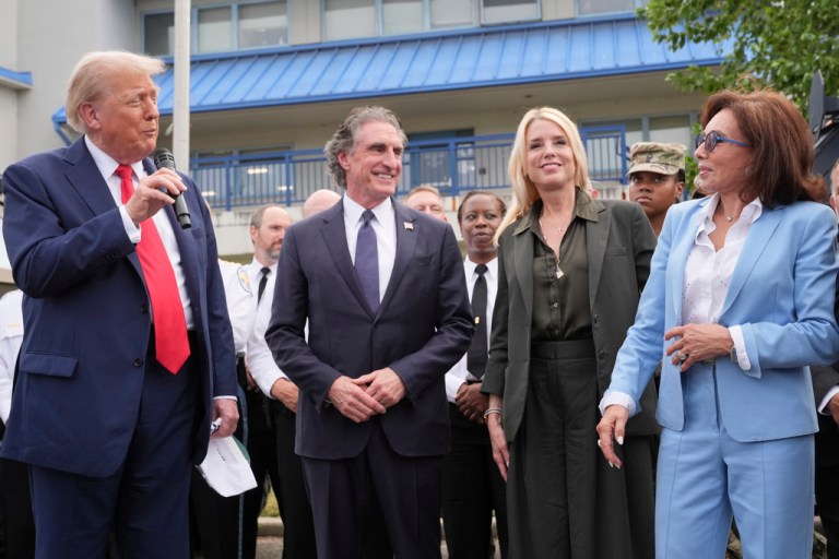 President Donald Trump speaks with members of law enforcement and National Guard soldiers, Thursday, Aug. 21, 2025, in Washington,