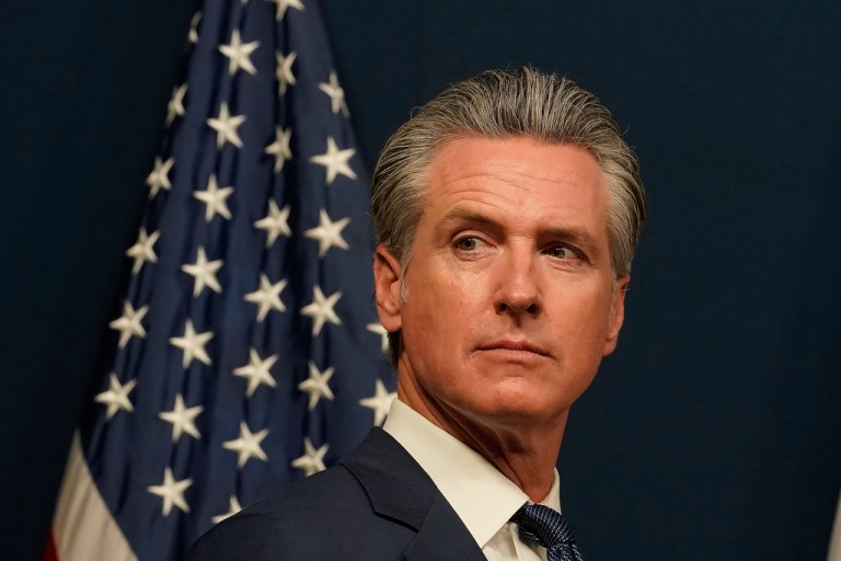 Gov. Gavin Newsom (D-CA) at a press conference to discuss the measures to redraw the state's congressional districts and put new maps before voters in a special election, in Sacramento, California, Thursday, Aug. 21, 2025.