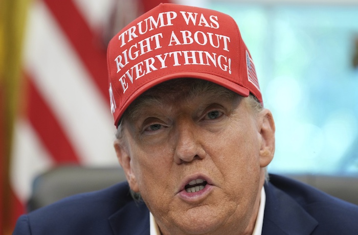 President Donald Trump speaks in the Oval Office of the White House, Friday, Aug. 22, 2025, in Washington.