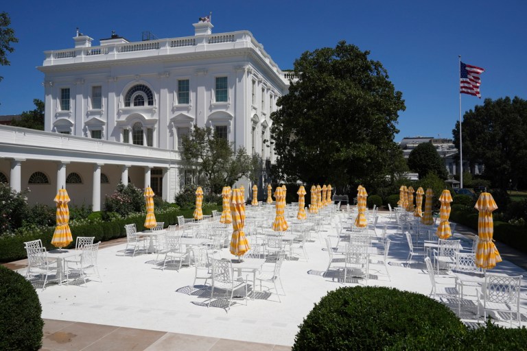 The recently renovated Rose Garden is pictured at the White House.