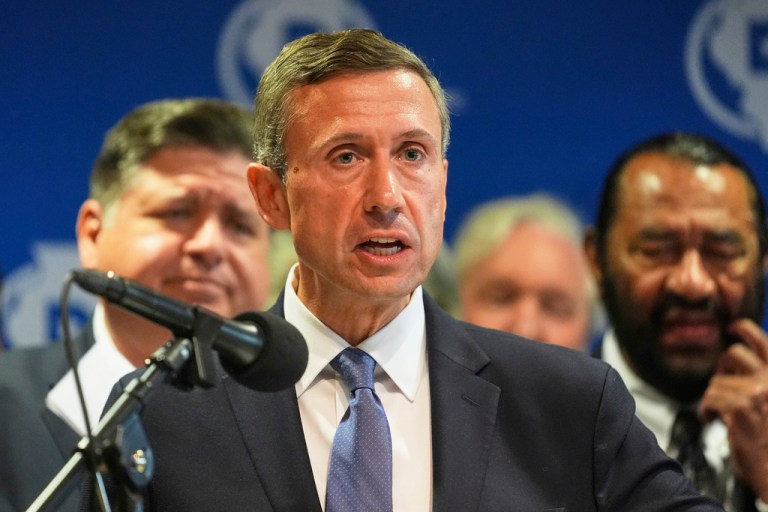 DNC Chairman Ken Martin speaks during a news conference in Aurora, Illinois, Aug 5, 2025.