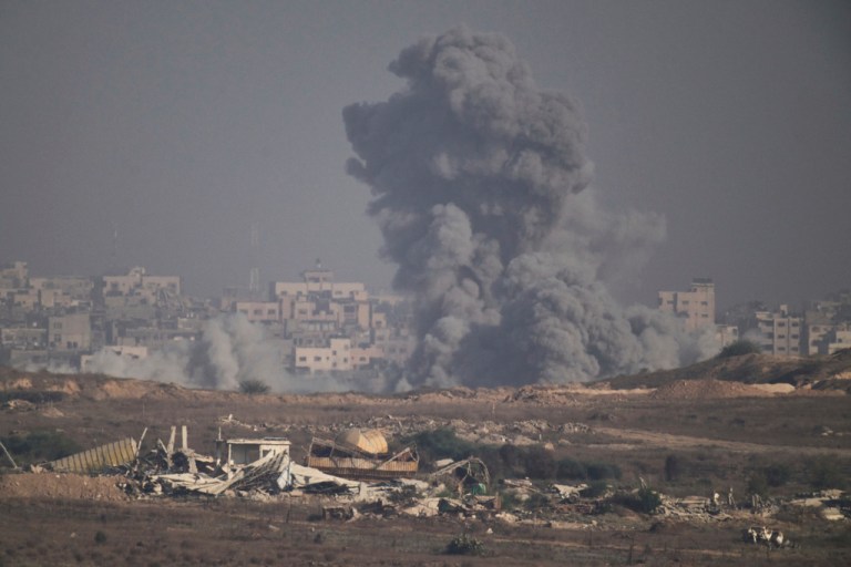 Smoke rises to the sky following an Israeli airstrike in the northern Gaza Strip as seen from southern Israel, Monday, Aug. 25, 2025.