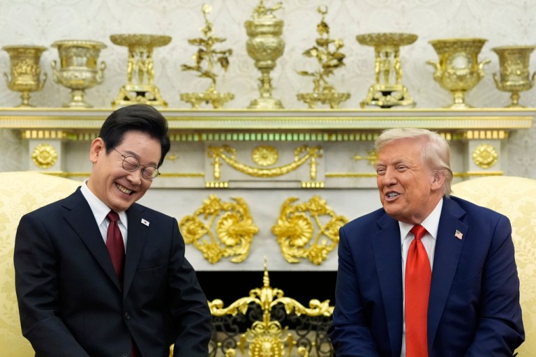 President Donald Trump speaks with South Korean President Lee Jae Myung in the Oval Office of the White House.