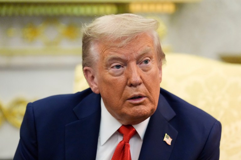 President Donald Trump speaks during a meeting with South Korean President Lee Jae Myung in the Oval Office of the White House, Monday, Aug. 25, 2025, in Washington. (AP Photo/Alex Brandon)