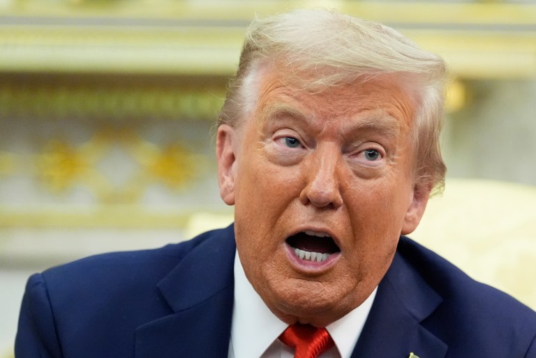 President Donald Trump speaks during a meeting with South Korean President Lee Jae Myung.