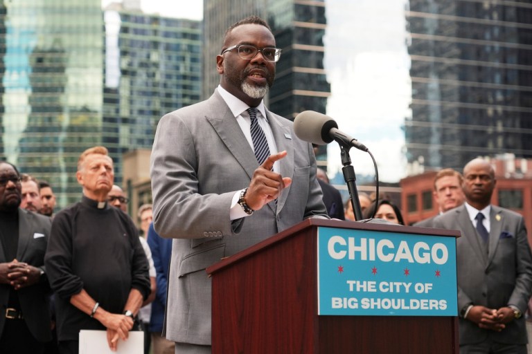 Chicago Mayor Brandon Johnson speaks during a news conference at River Point Park, Monday, Aug. 25, 2025, in Chicago.