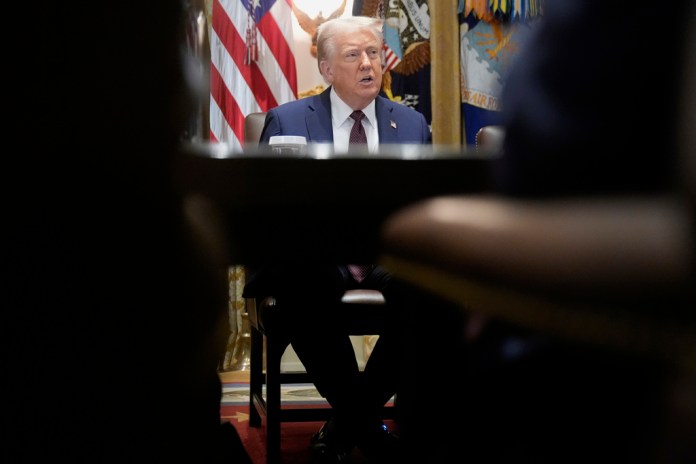 President Donald Trump speaks during a cabinet meeting, Tuesday, Aug. 26, 2025, at the White House in Washington. 