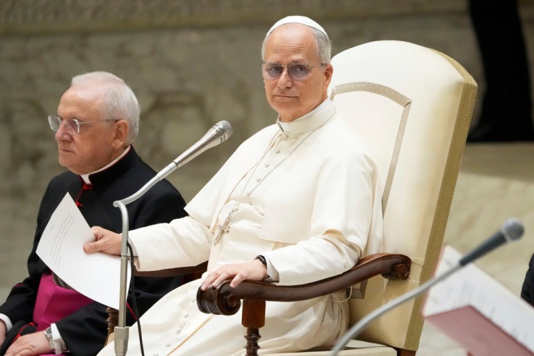 Pope Leo XIV attends the weekly general audience on Wednesday, Aug. 27, 2025, at the Vatican.