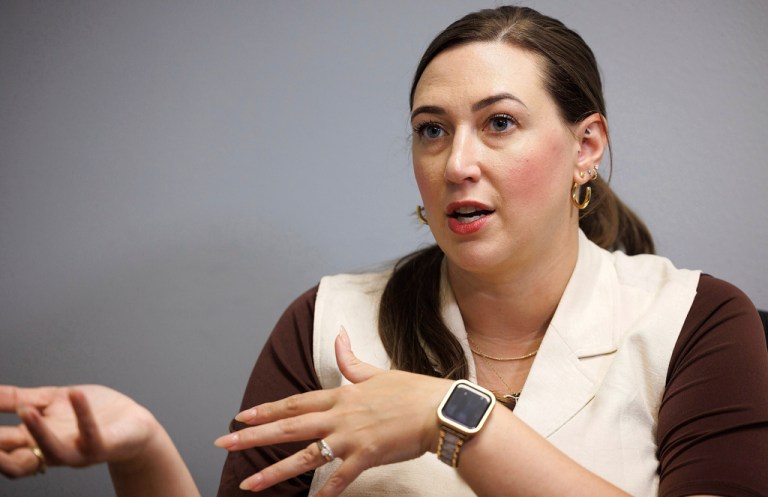 Catelin Drey, Democratic candidate for Iowa Senate District 1, speaks during an interview Tuesday, Aug. 19, 2025. She beat Republican candidate Christopher Prosch in a special election held Tuesday, Aug. 26, 2025, to fill the unexpired term of Republican Senator Rocky De Witt who died in June after battling pancreatic cancer. (Tim Hynds/Sioux City Journal via AP)