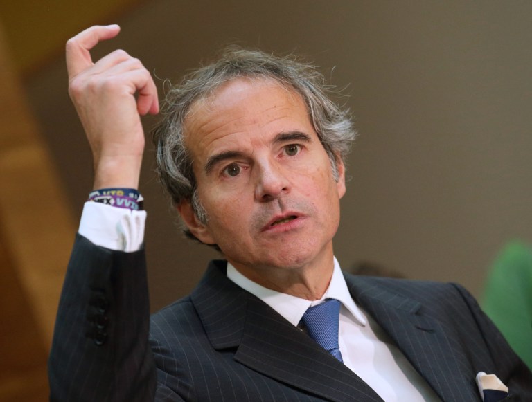 International Atomic Energy Agency Director General Rafael Grossi addresses the media after arriving at the Vienna International Airport in Schwechat, Austria.