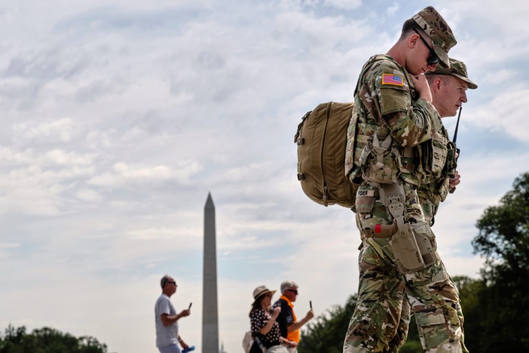 National Guard troops seen near the Washington Monument.