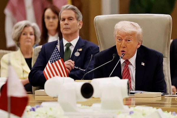 President Donald Trump speaks during the Gulf Cooperation Council (GCC) Leaders’ Summit at The Ritz-Carlton on May 14, 2025 in Riyadh, Saudi Arabia. U.S. Treasury Secretary Scott Bessent and White House Chief of Staff Susie Wiles appear on the left. The council addresses regional stability, defense cooperation, and energy policy among Gulf nations. Trump is on a multi-nation tour of the Gulf region focused on expanding economic ties and reinforcing security cooperation with key U.S. allies. (Photo by Win McNamee/Getty Images)