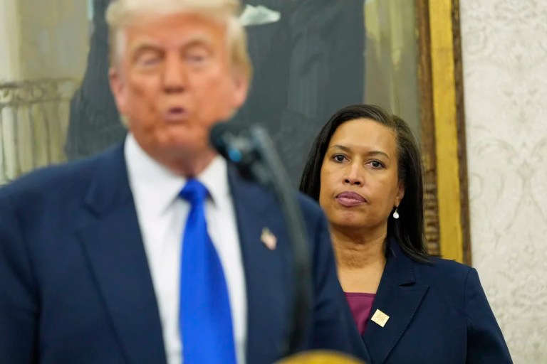 District of Columbia Mayor Muriel Bowser listens as President Donald Trump speaks during an event to announce that the 2027 NFL Draft will be held on the National Mall, in the Oval Office of the White House, Monday, May 5, 2025, in Washington.