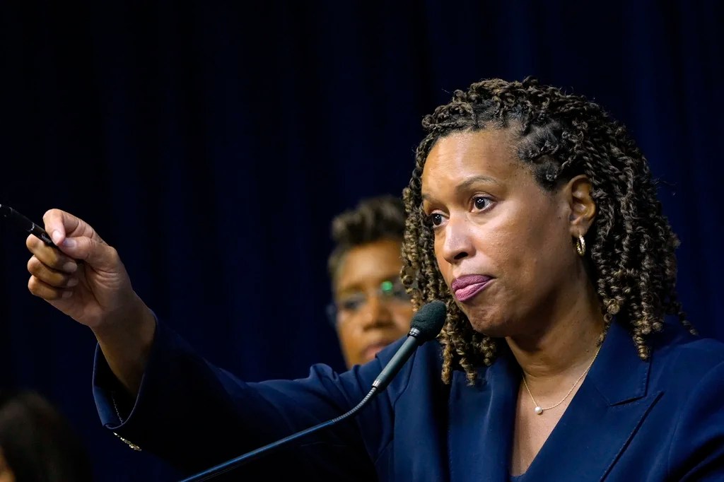 Washington Mayor Muriel Bowser speaks during a news conference on President Donald Trump's plan to place Washington police under federal control and deploy National guard troops to Washington, Monday, Aug. 11, 2025, in Washington. (AP Photo/Julia Demaree Nikhinson)
