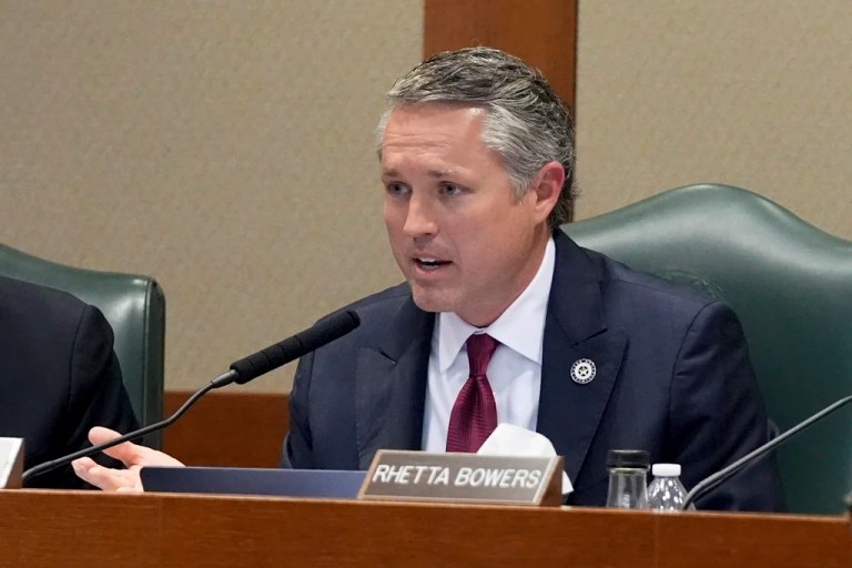In this Oct. 21, 2024, file photo, State Rep. Brian Harrison, R-Midlothian, poses a question to a witness during the committee hearing regarding the death row case of Robert Roberson in Austin, Texas.