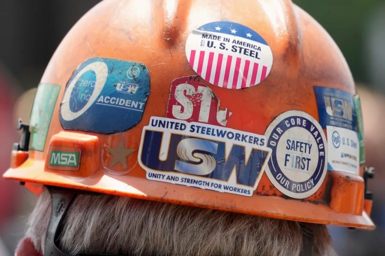 This is the back of the safety helmet worn by a steelworker listening to Pennsylvania Gov. Josh Shapiro's (D) meeting with media at the Clairton Coke Works, a US Steel plant, in Clairton, Pennsylvania, Tuesday, Aug. 12, 2025.