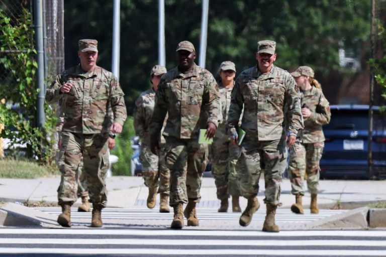 National Guard troops in Washington DC on Aug. 12, 2025. President Donald Trump activated hundreds of National Guard and seized control of DC police to reduce crime in the district. (Graeme Jennings/Washington Examiner)