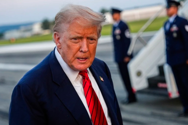 President Donald Trump speaks with reporters before boarding Air Force One at Lehigh Valley International Airport, Sunday, Aug. 3, 2025, in Allentown, Pennsylvania.