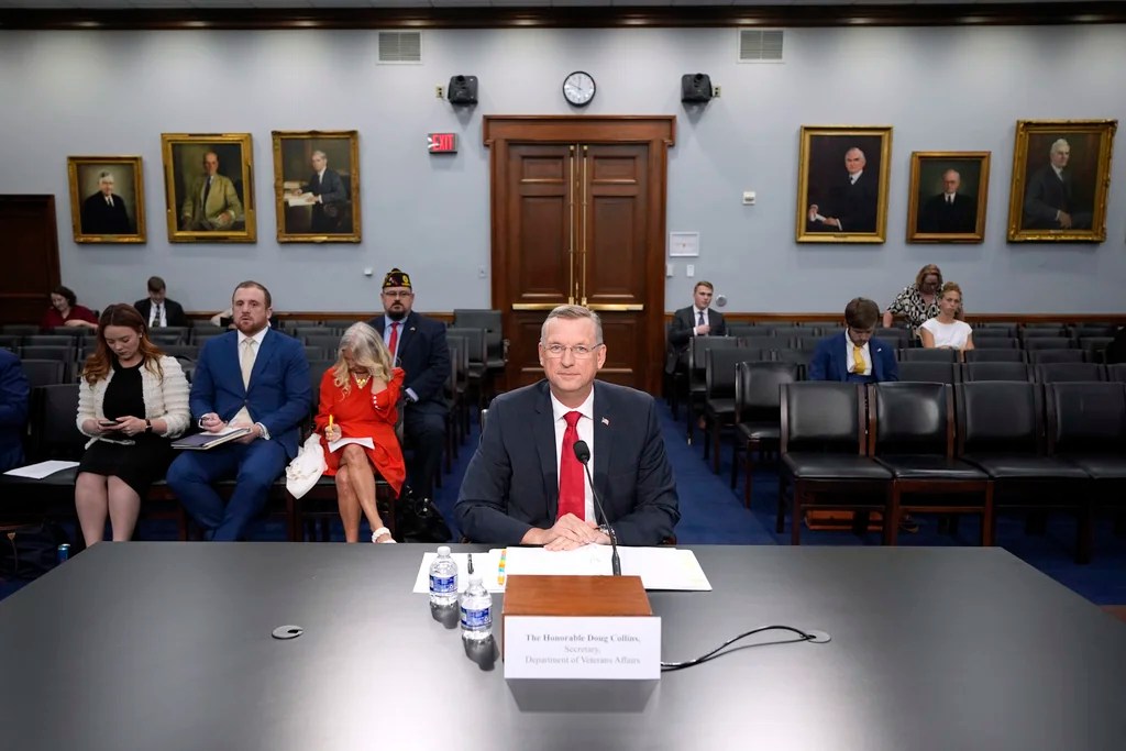 Secretary of Veterans Affairs Doug Collins is seated to testify before a House Committee on Appropriations subcommittee budget hearing on Capitol Hill, Thursday, May 15, 2025, in Washington. (AP Photo/Yuri Gripas)