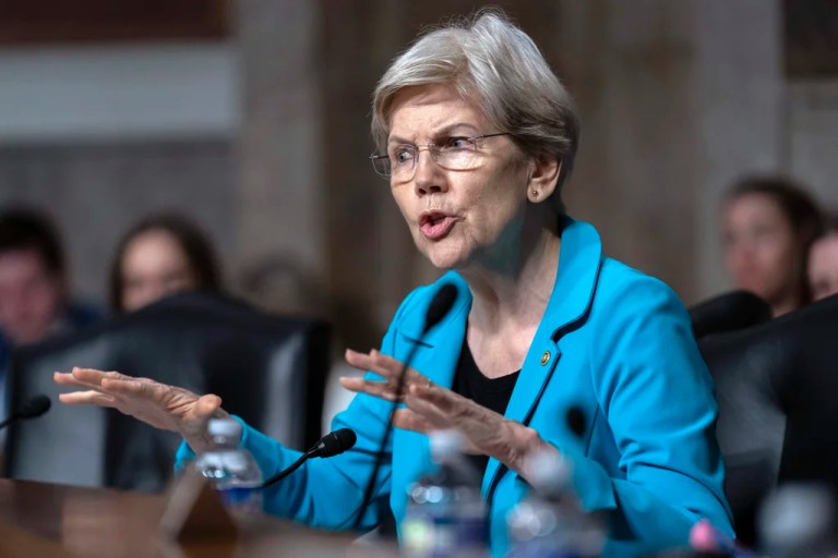 Sen. Elizabeth Warren (D-MA) questions Department of Defense Secretary Pete Hegseth as he testifies before a Senate Armed Services Committee hearing on Capitol Hill in Washington, Wednesday, June 18, 2025.
