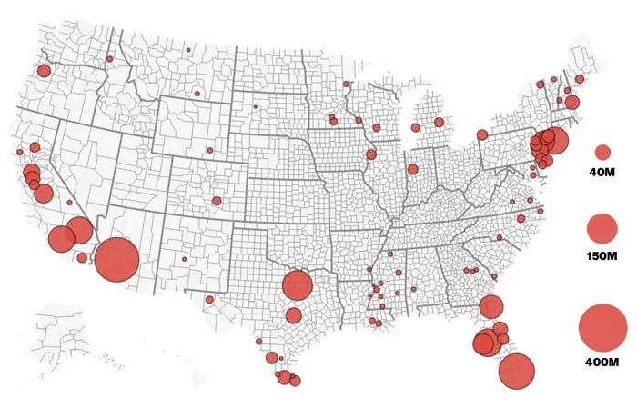 "Shifts in counties’ party allegiance from 2020 to 2024" Gross domestic product (GDP) 2022 Source: Brookings analysis of 2022 GDP data from the Bureau of Economic Analysis, county-level voting data from Dave Leip’s Atlas of U.S. Presidential Elections, and U.S. Census Bureau 2021 boundaries.