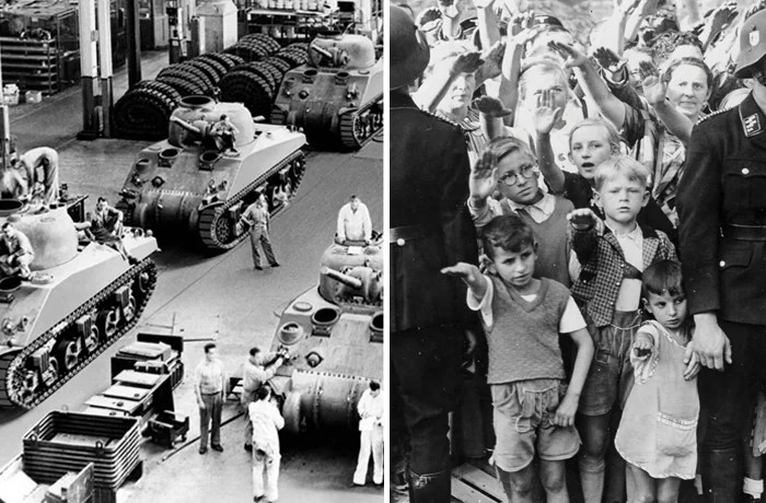 Left, Sherman tanks in production at a Chrysler Corp. plant.  Right, Crowds line the streets of Nuremberg to cheer for Adolf Hitler as he arrives for a rally, September 1937. (H. Armstrong Roberts/ClassicStock/Getty; Ullstein Bild/Getty)