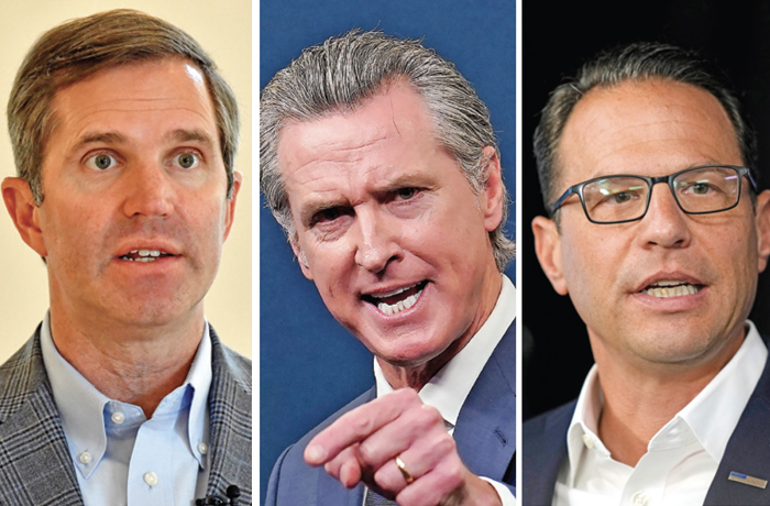 From left: Govs. Andy Beshear (D-KY), Gavin Newsom (D-CA), and Josh Shapiro (D-PA). (Left and center, Rich Pedroncelli/AP; right, Matt Rourke/AP)