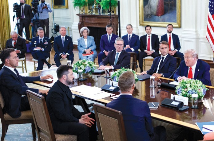 President Donald Trump speaks during a meeting with European leaders on Aug. 18 at The White House. Leaders of Ukraine, France, United Kingdom, Germany, Italy, and Finland were present to discuss the future of the war in Ukraine. (Tom Brenner for The Washington Post via Getty Images)