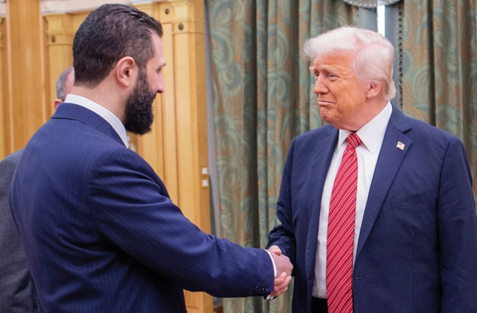 President Trump is betting on Ahmad al Sharaa (left) to unify Syria and prove its mettle as a U.S. counterterrorism partner. (Bandar Aljaloud/Saudi Royal Palace via AP)