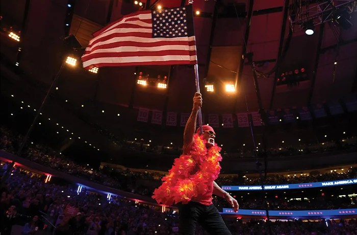 Hulk Hogan waves an American flag before President Donald Trump speaks at a campaign rally at Madison Square Garden on Oct. 27, 2024, in New York. (Alex Brandon/AP)