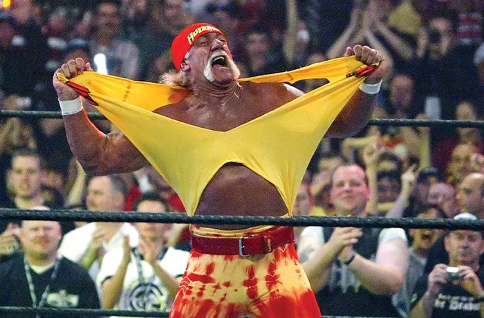 Hulk Hogan fires up the crowd between matches during WrestleMania 21 in Los Angeles, California, on April 3, 2005. (Chris Carlson/AP)