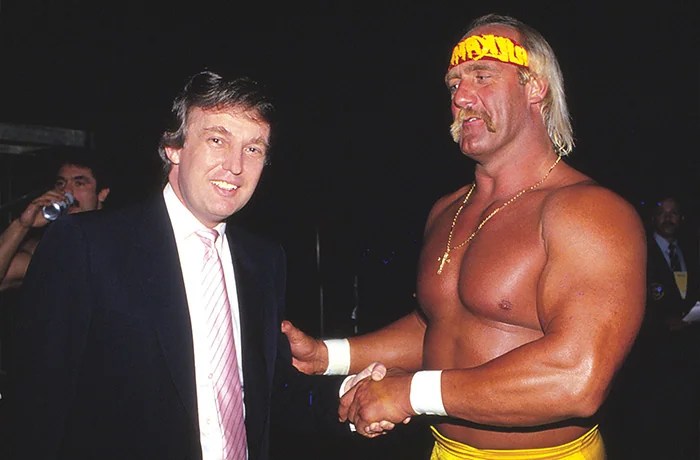 Donald Trump and Hulk Hogan meet at WrestleMania Vl in Atlantic City, New Jersey, on March 29, 1987. (Jeffrey Asher/Getty Images)